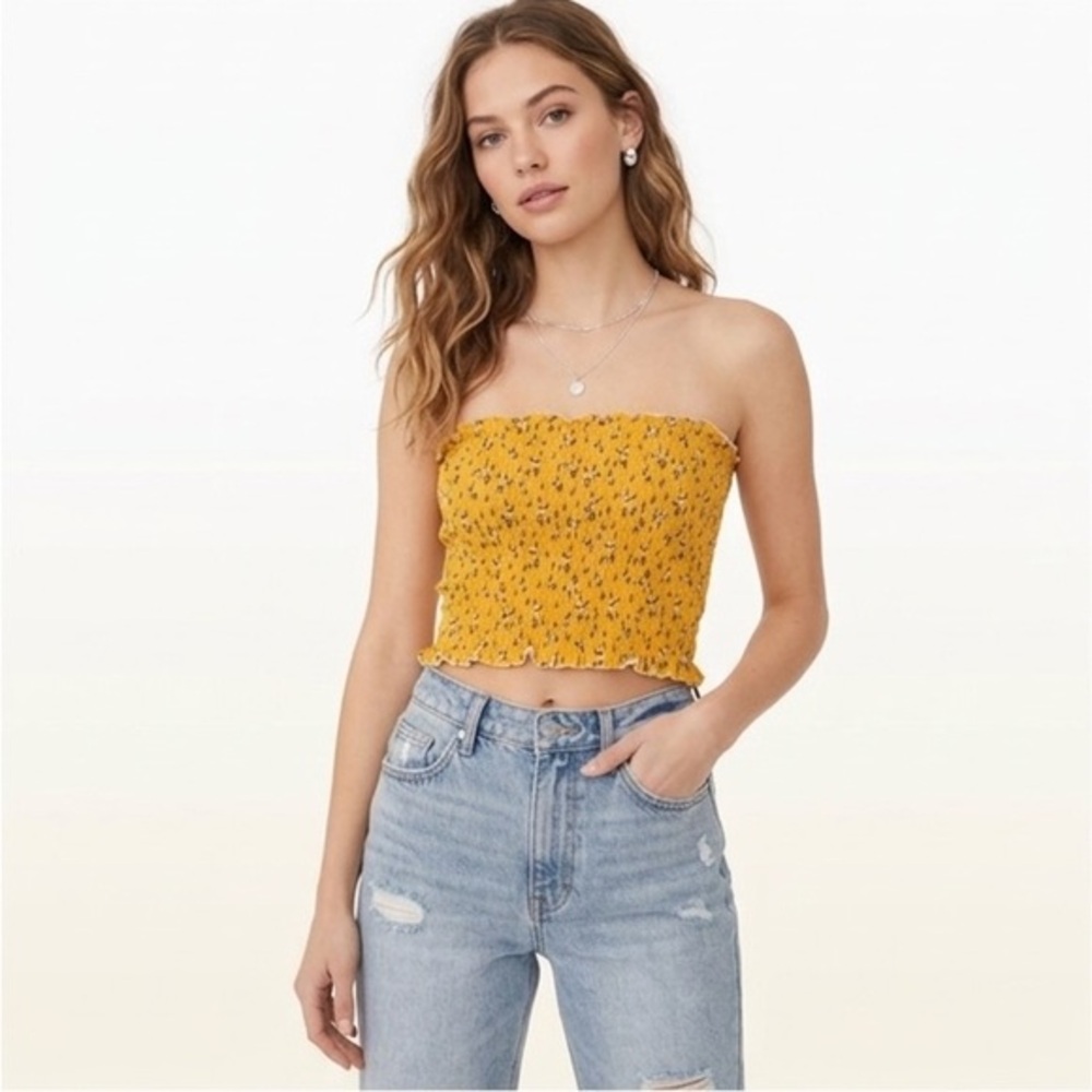 Garage Ruched Yellow Foral Print Tube Top